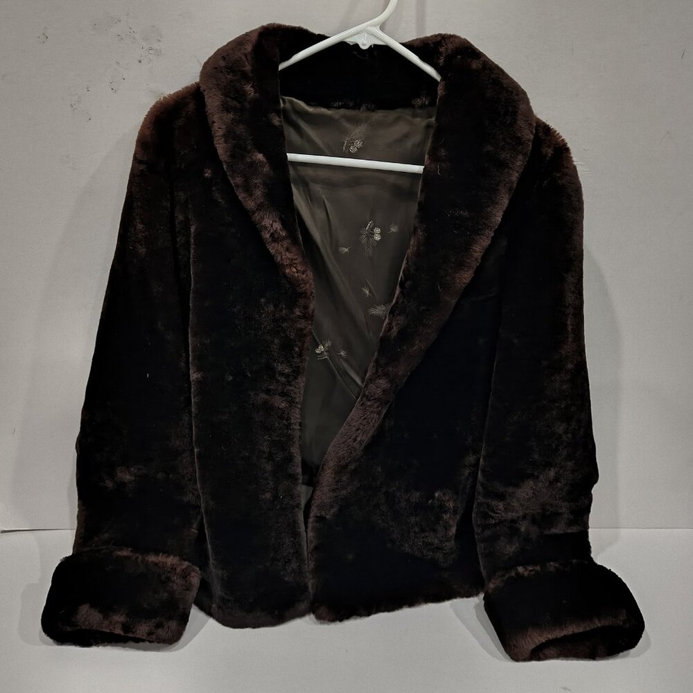Vintage Real Fur Jacket Ladies Womens Brown Satin Pine Cone Lined 60s Size M